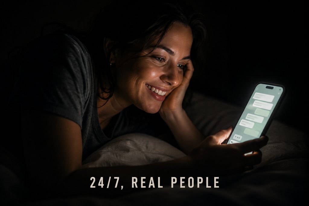 24/7 IPTV support, a woman messaging a live support agent from bed late at night and getting a reply