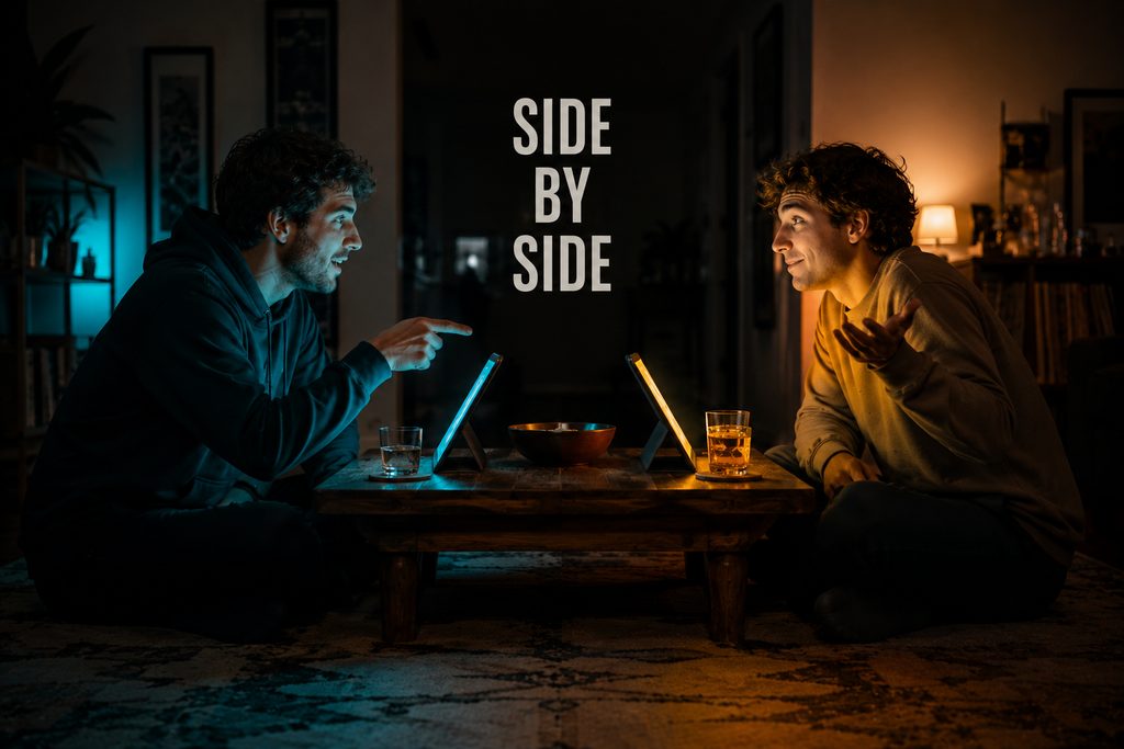 Difference between 5G StarShare and B1G IPTV service, two men comparing both on tablets across a coffee table