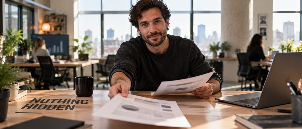 IPTV Americans team member presenting policy and pricing documents openly at his desk