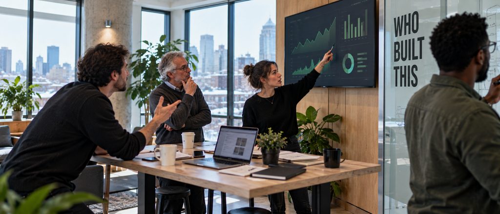 IPTV Americans editorial and engineering team reviewing streaming performance data together in the company workspace