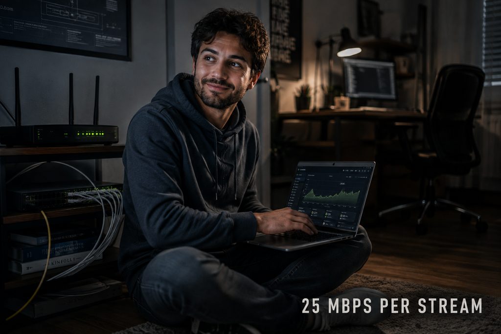 Bandwidth for 4K IPTV measured by a network engineer checking throughput on a laptop beside a home router