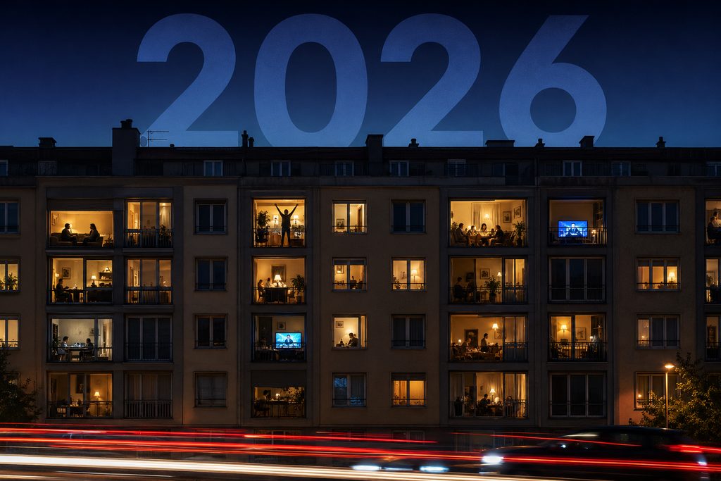 Best IPTV service 2026 illustrated by an apartment block at night with households watching in lit windows