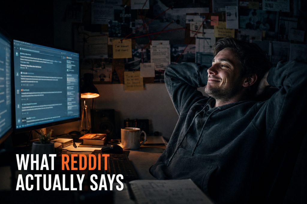 Best IPTV service Reddit threads open on a monitor as a man leans back satisfied in a dark home office