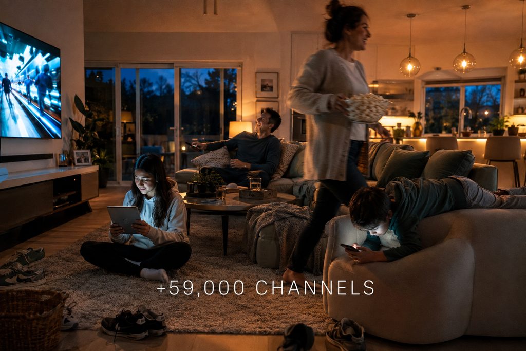 Best IPTV services in one household, four family members watching different screens in the same living room at dusk