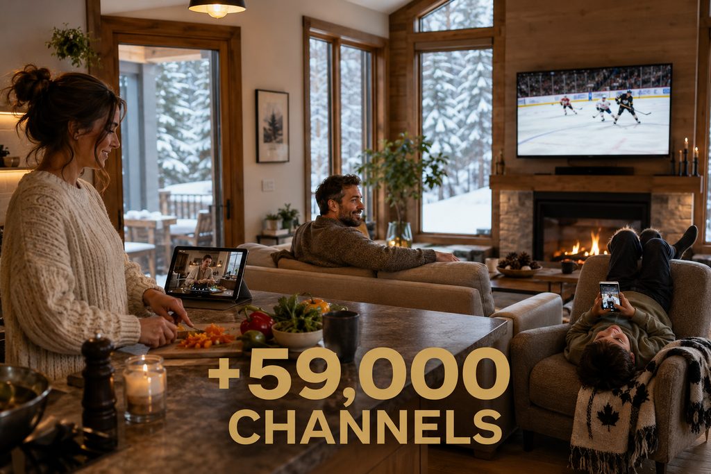Best IPTV services in Canada, a family watching hockey and a tablet together in a snowbound living room