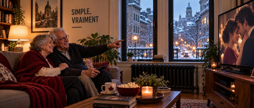 IPTV pour aînés — un couple de septuagénaires regarde la télévision dans un appartement montréalais un soir d'hiver