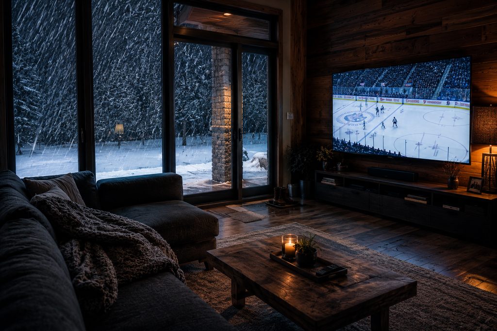 IPTV Canada guide illustrated by a cedar-panelled family room with live hockey on the TV and heavy snow outside