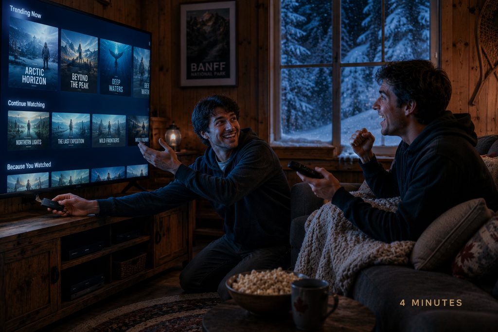 IPTV for Firestick set up in a Canadian living room, two friends celebrating as the channel grid loads on the TV
