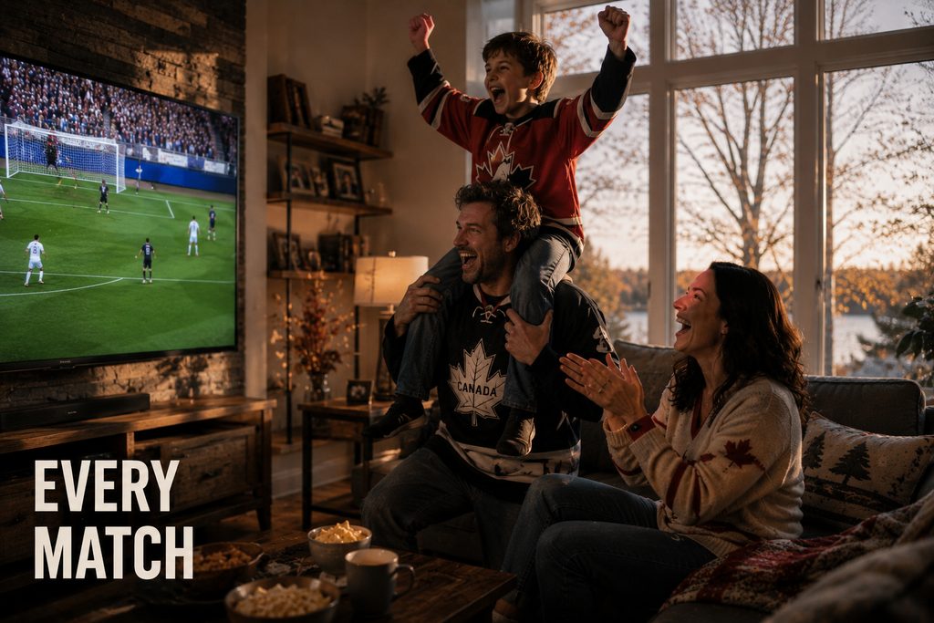IPTV for football in Canada, a father, son and mother celebrating a goal in an autumn living room