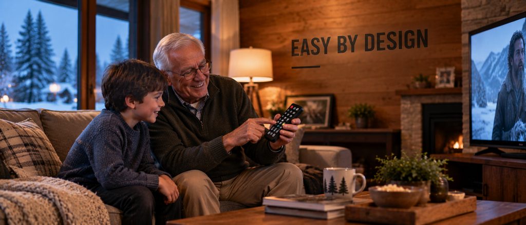 IPTV for seniors in Canada — a grandfather showing a grandchild how the large-button remote works by the fire