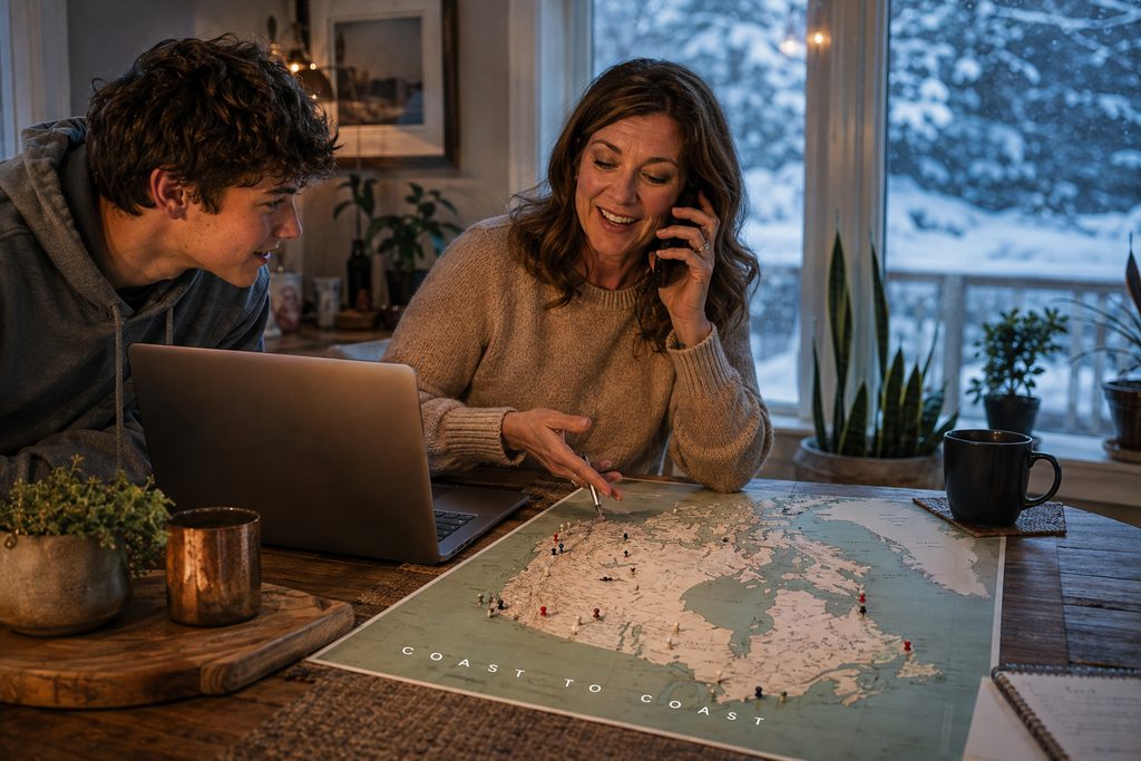 IPTV service providers across Canada, a woman on the phone beside a laptop and a pinned map of national coverage