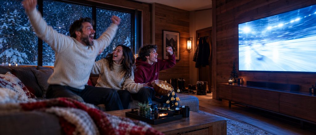 IPTV service streaming live hockey in 4K as a Canadian family celebrates a goal in a snowbound living room