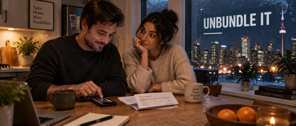 IPTV vs Rogers Ignite TV — a couple at a Toronto kitchen table working through a bundled bill on a calculator