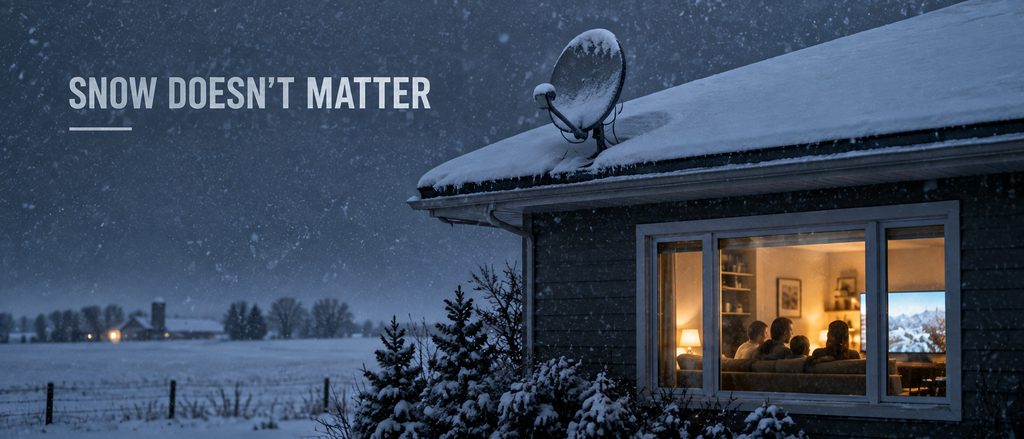 IPTV vs Shaw Direct — a disused satellite dish buried under prairie snow above a lit window where a family is still watching
