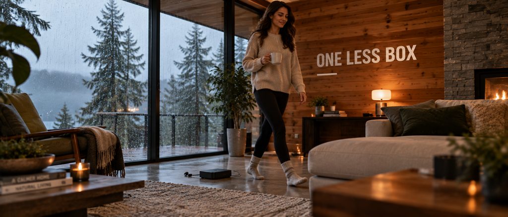 IPTV vs Telus Optik TV — a woman stepping over an unplugged set-top box in a rain-lit West Coast living room
