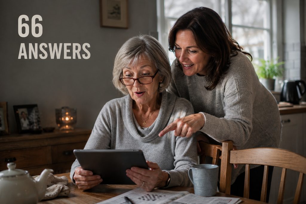 IPTV FAQ illustrated by a woman helping her mother find an answer on a tablet at the kitchen table