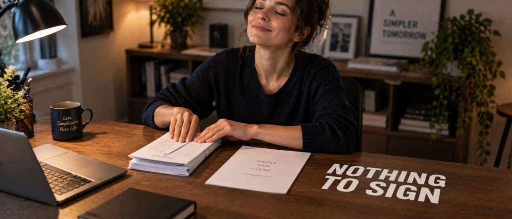 IPTV Americans vs the TV provider — a woman setting aside a folded multi-page contract in favour of a single sheet