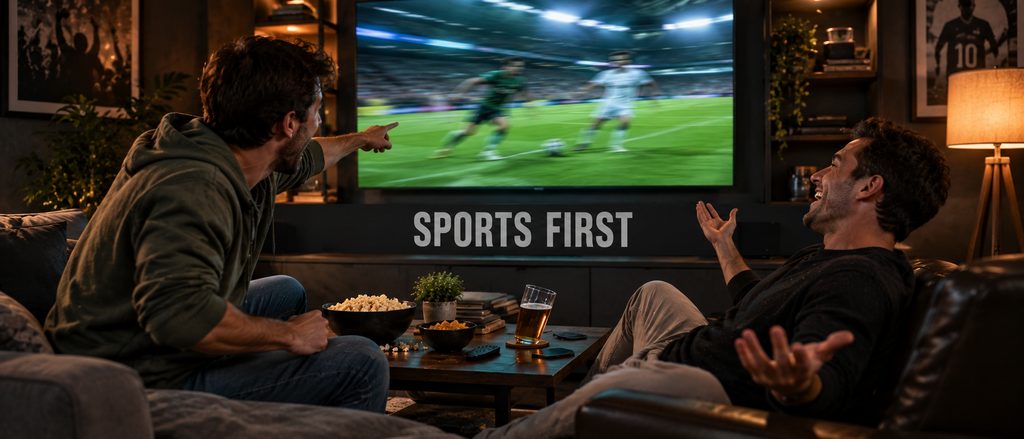 IPTV Americans vs the sports streaming platform — two friends arguing happily over a live match in a sports-first living room