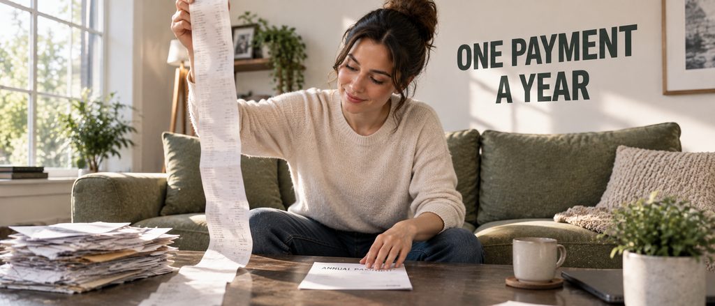 IPTV Americans vs the live TV platform TV — a woman holding a long roll of monthly charges beside a single annual statement