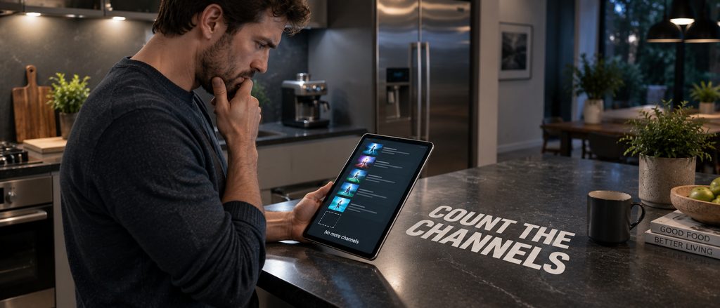 IPTV Americans vs the live TV platform — a man at a kitchen island scrolling a channel list that runs out sooner than expected