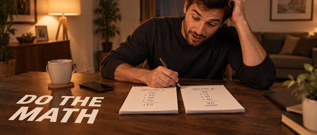 IPTV Americans vs the live TV platform — a man comparing two annual cost columns on facing notepads at his dining table