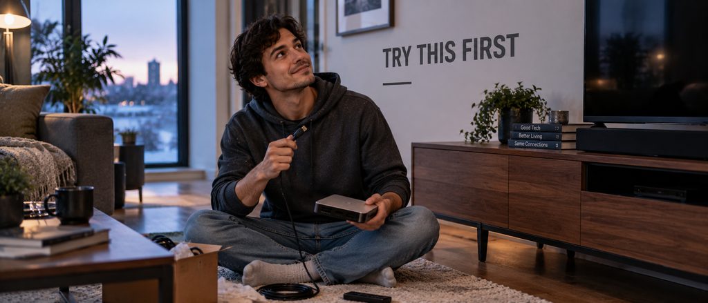IPTV service for Apple TV — a man sitting on the floor with the streaming box in his lap working out a buffering fix