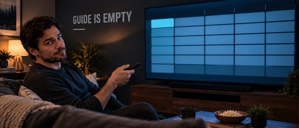 IPTV EPG not loading — a man with a remote facing a television showing an entirely empty programme guide grid