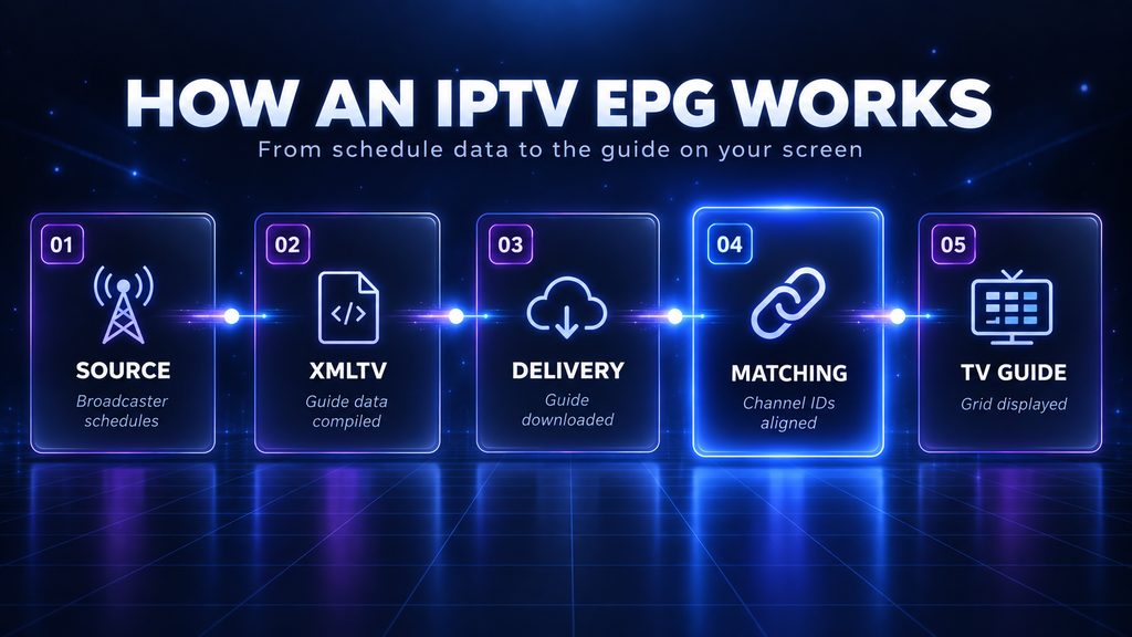 Five-stage flow showing how an IPTV EPG works, from broadcaster schedules through XMLTV compilation, delivery and channel-ID matching to the guide on screen