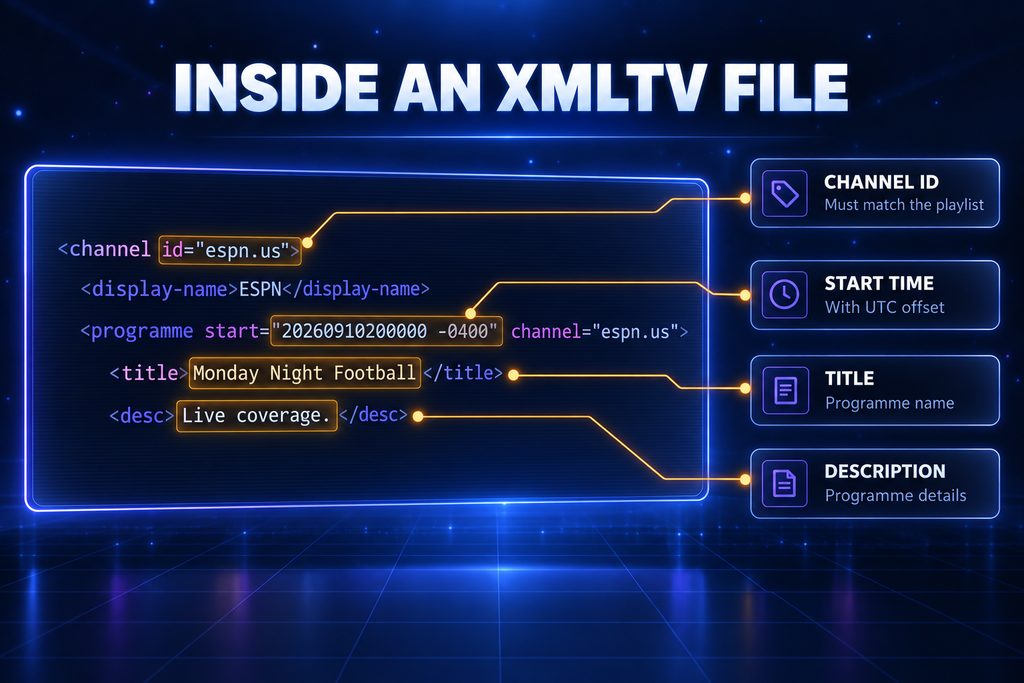 Annotated XMLTV file showing the channel id, programme start time, title and description fields with callouts explaining what each one does