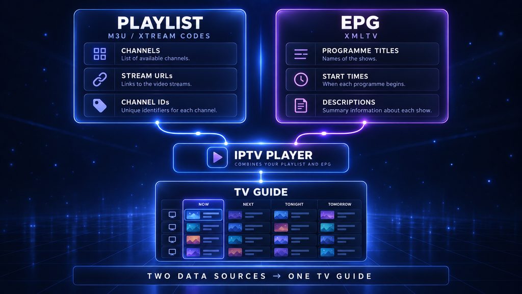 Diagram showing an M3U or Xtream Codes playlist and an XMLTV EPG feed converging on the IPTV player to produce one TV guide