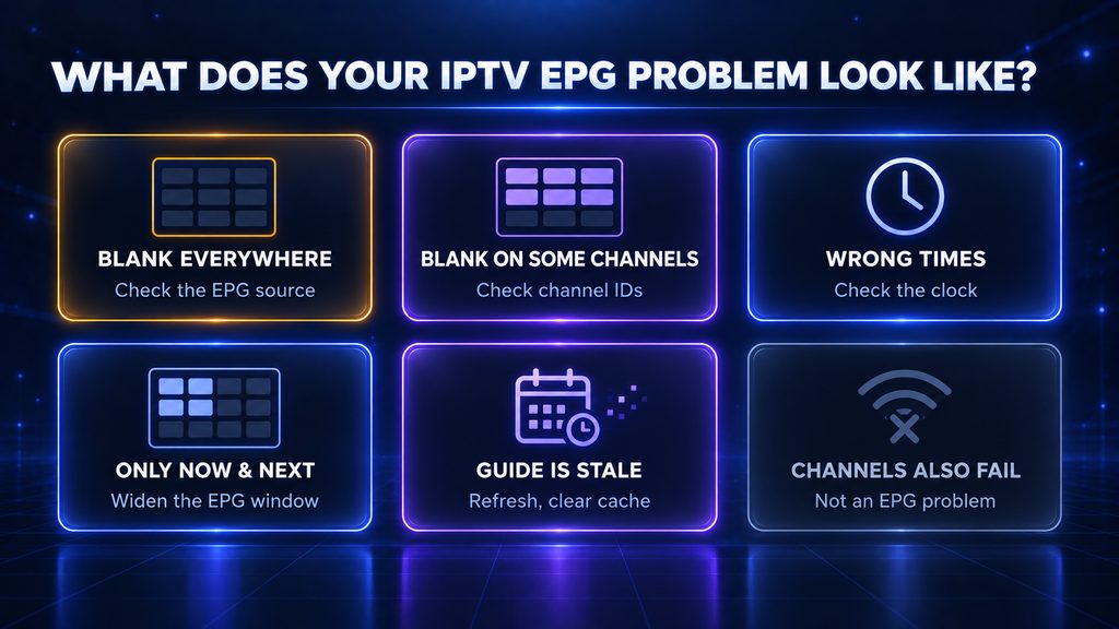 Six-card map of IPTV EPG symptoms &mdash; blank everywhere, blank on some channels, wrong times, only now and next, stale guide, and channels also failing
