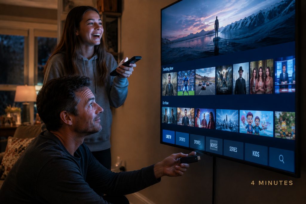 IPTV for Firestick working in four minutes, a father and daughter pointing the remote at the new channel grid