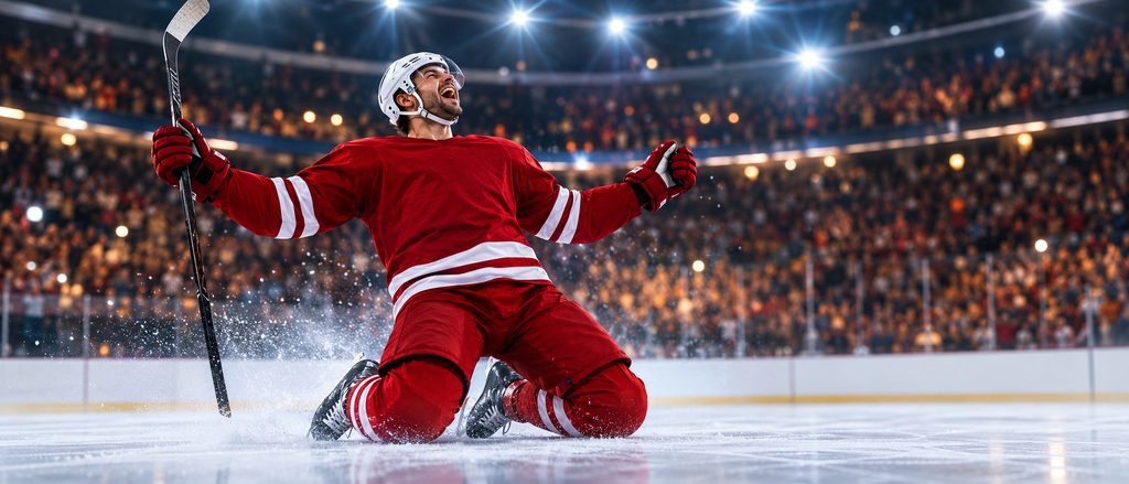 A hockey player celebrating a goal on the ice in a packed arena, as seen on a live 4K stream