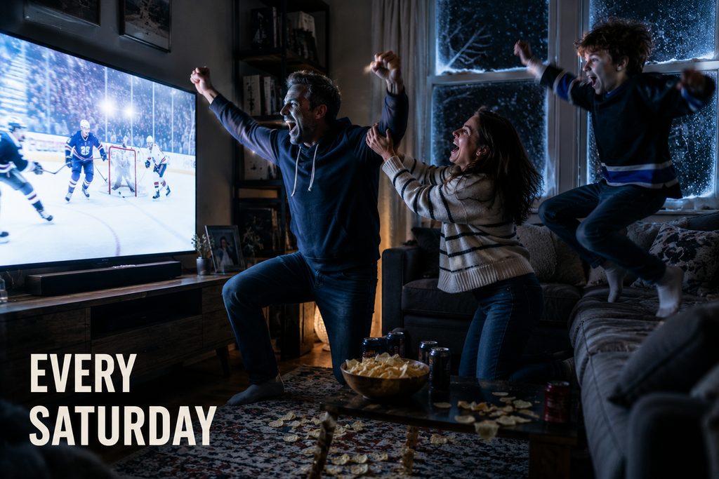 IPTV for hockey every Saturday, a Canadian family leaping up off the sofa as the goal goes in