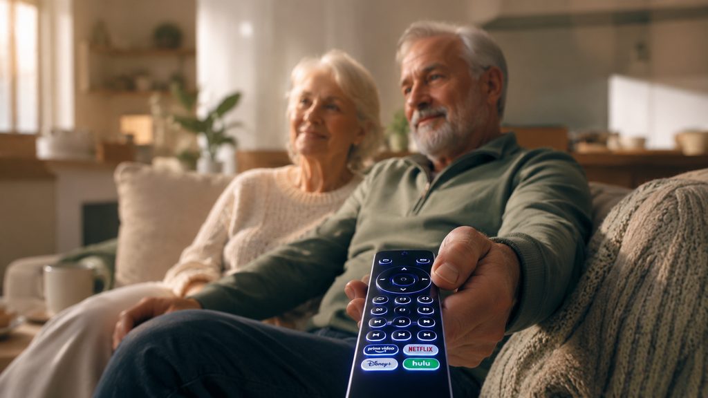 Senior couple using a simple IPTV remote to watch live TV at home