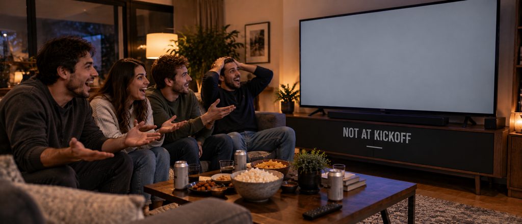 IPTV freezing during NFL games — four friends mid-reaction as the screen goes blank on a Sunday afternoon