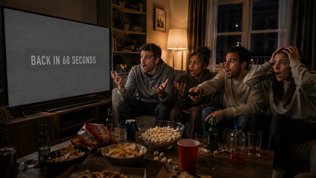 IPTV live event channel offline, four friends reacting to a blank screen in the middle of a match