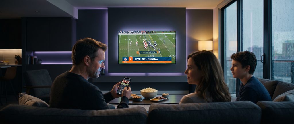 American family watching live NFL football on a big-screen TV with a premium IPTV service