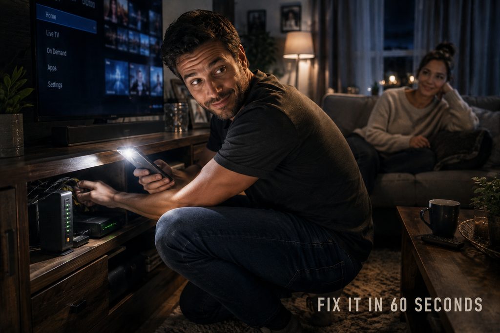 IPTV services not working, a man checking the router behind the TV unit using his phone flashlight