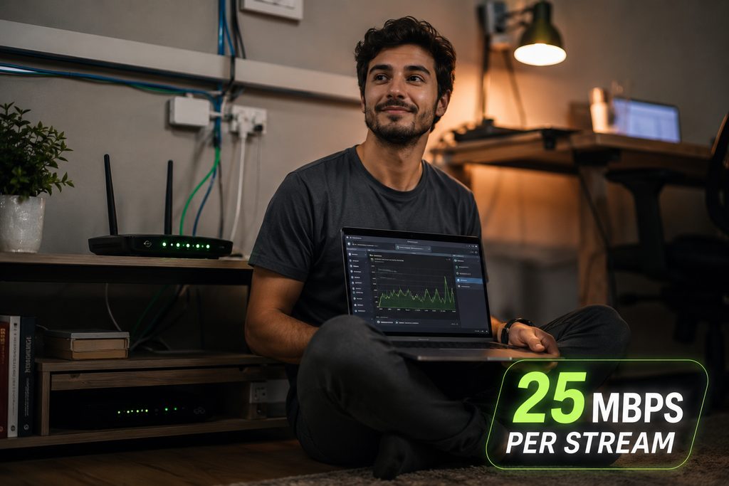 IPTV streaming service throughput measured at 25 Mbps per stream on a laptop next to a home router