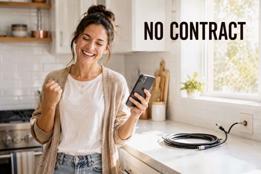 IPTV subscription service with no contract, a woman celebrating in her kitchen beside a disconnected coaxial cable