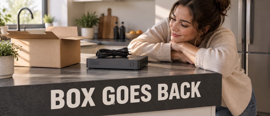 IPTV vs cable cable TV provider — a woman leaning on the counter beside a set-top box boxed up and ready to send back