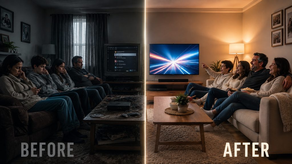 IPTV vs cable Xfinity shown as the same living room before and after, dim and buffering versus bright and playing