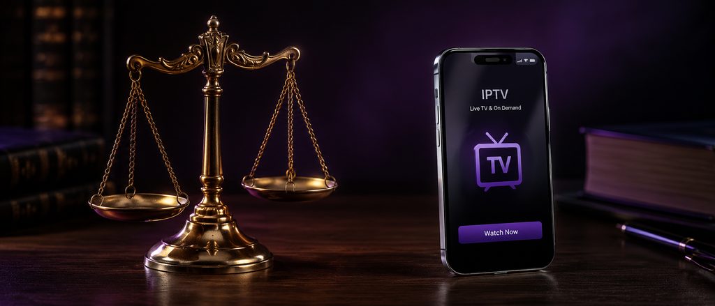 Scales of justice and an IPTV app illustrating a legal IPTV service