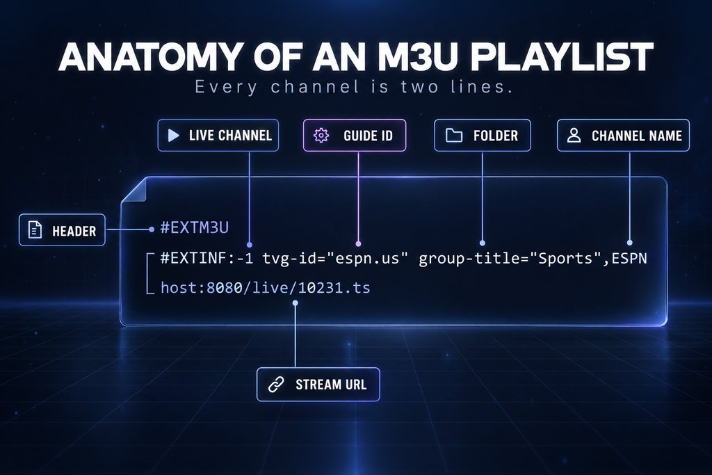 Annotated M3U playlist showing the #EXTM3U header, an #EXTINF line with the live-channel value, tvg-id guide ID, group-title folder and channel name, and the stream URL on the line below