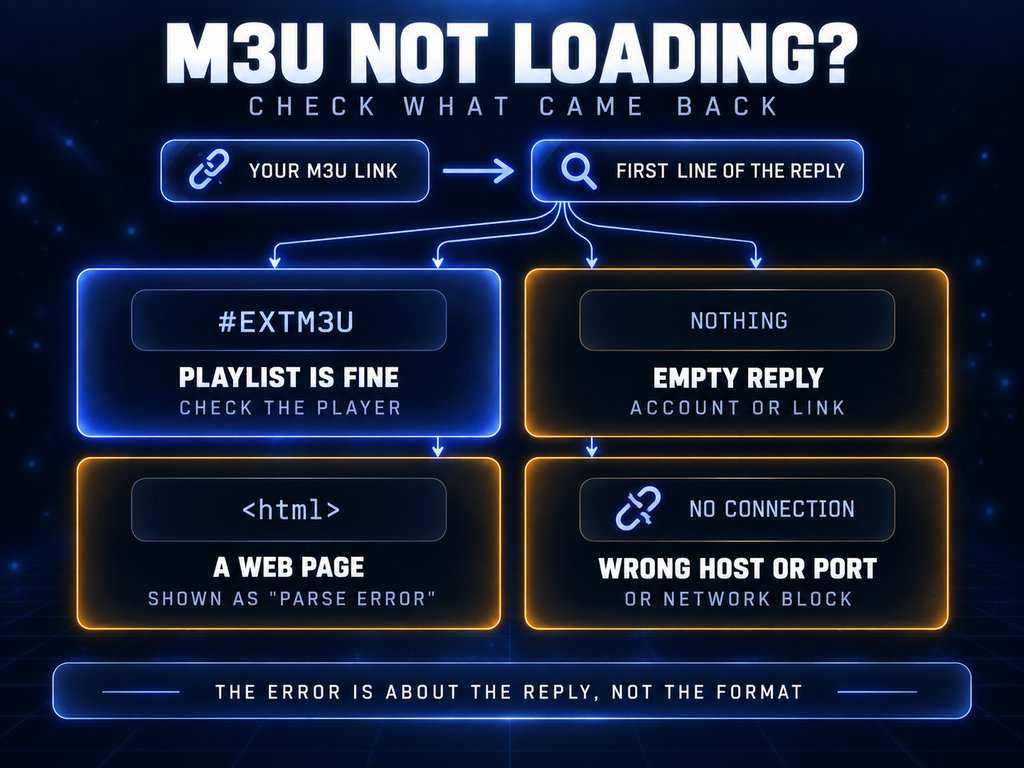 Diagnostic diagram for an M3U playlist that will not load: a reply starting with #EXTM3U means the playlist is fine, an empty reply points to the account or link, an HTML page shows up as a parse error, and no connection means a wrong host, port or blocked network