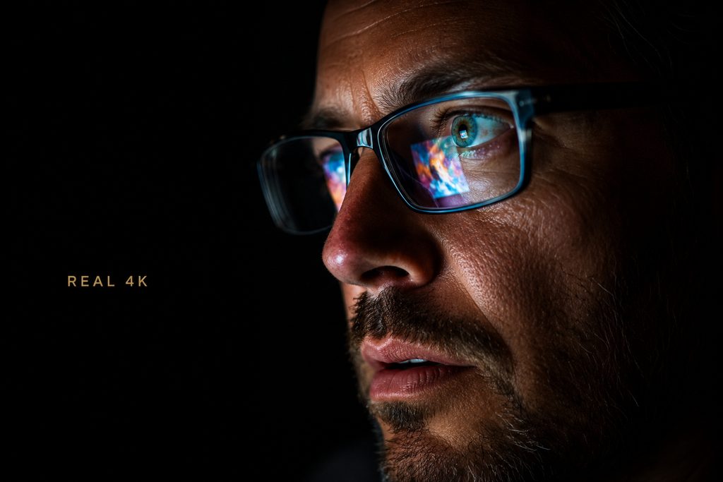 Premium IPTV service in real 4K, a viewer's face and glasses lit by the detail on the screen in front of him
