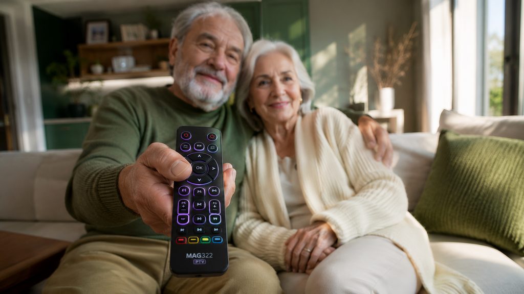 A retired American couple in their living room holding a MAG322 IPTV remote — IPTV Americans pricing 2026, $29 for 1 month or $140 for 12 months on 3 devices, simple senior-friendly setup, 7-day refund