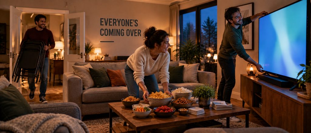 Super Bowl LX how to watch — a living room being set up for a watch party, chairs carried in and snacks laid out