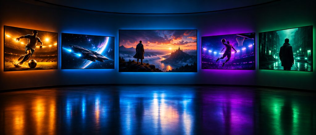 Best IPTV services shown as five smart TVs on a dark wall streaming live sport, film and series in 4K